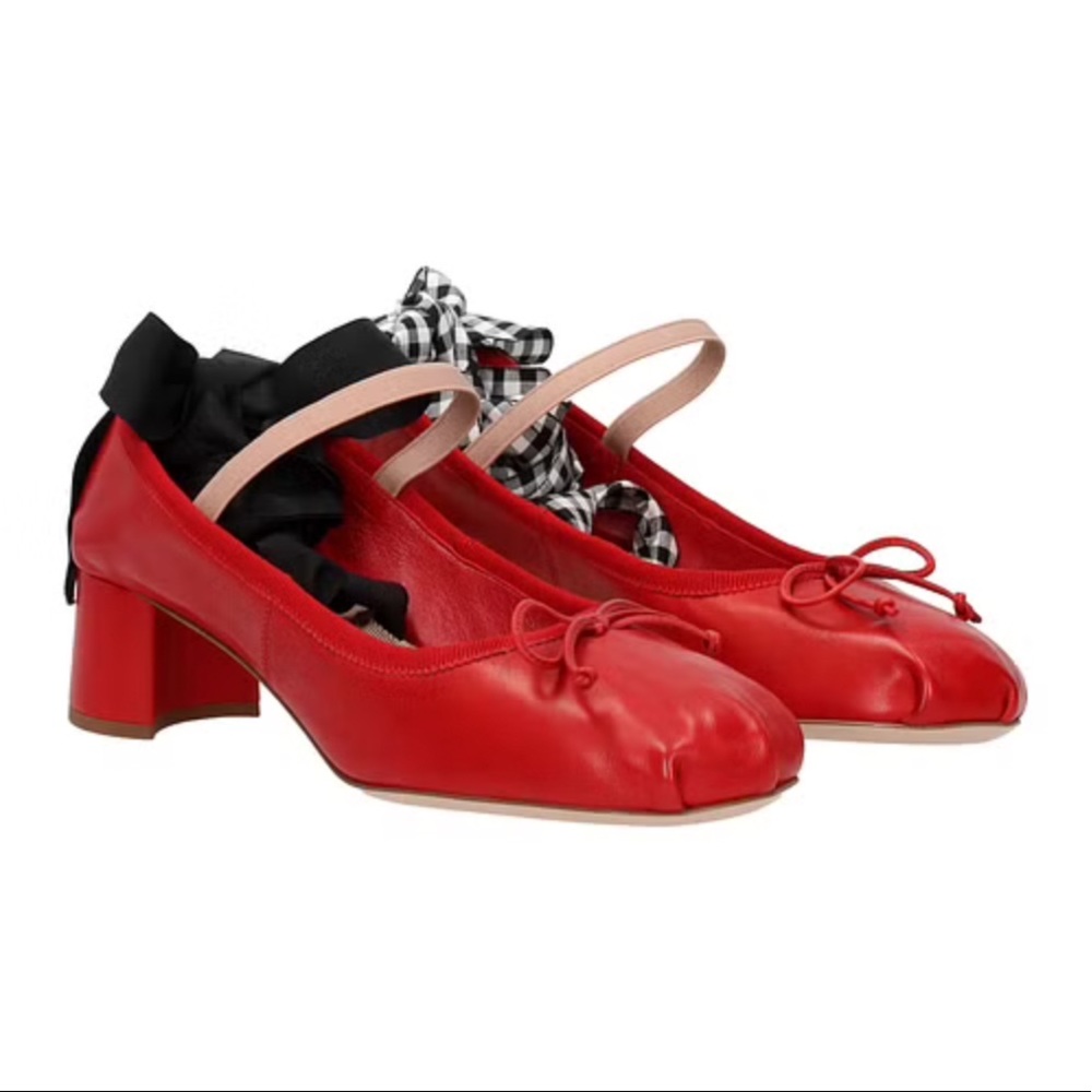 Miu Miu Red Leather Tabi Bow Block Heel Pumps with Pink Strap